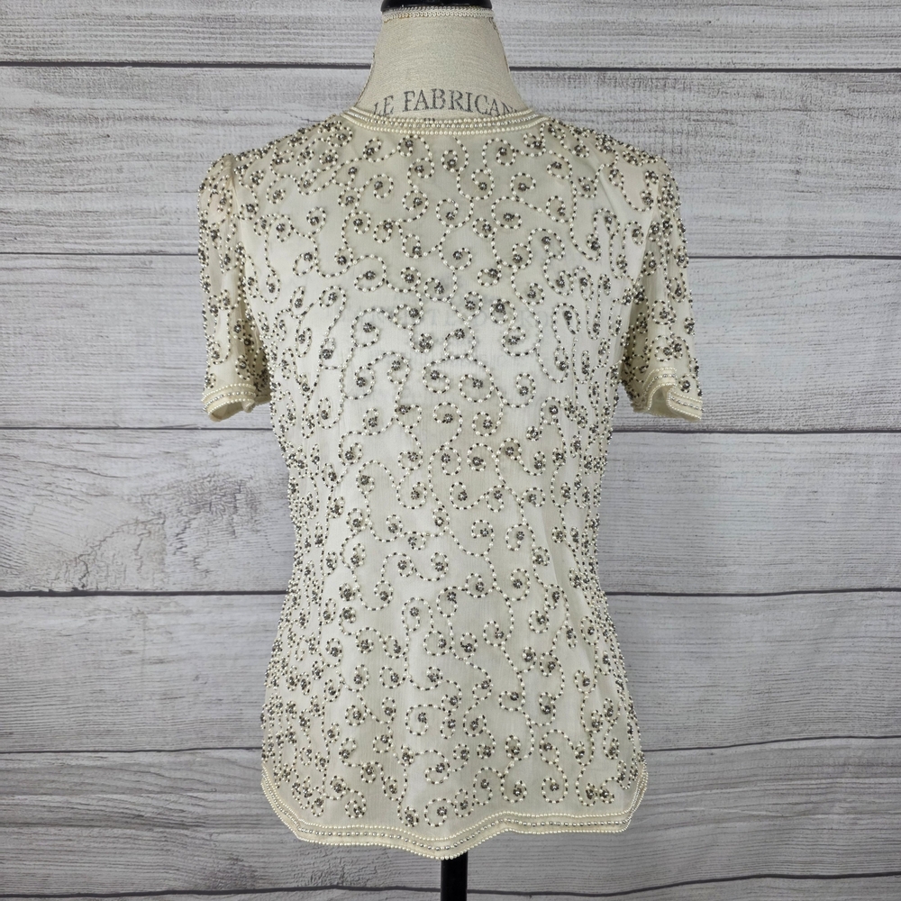 Papell Boutique Evening Vintage Silk and Beaded Cream Short Sleeve Blouse